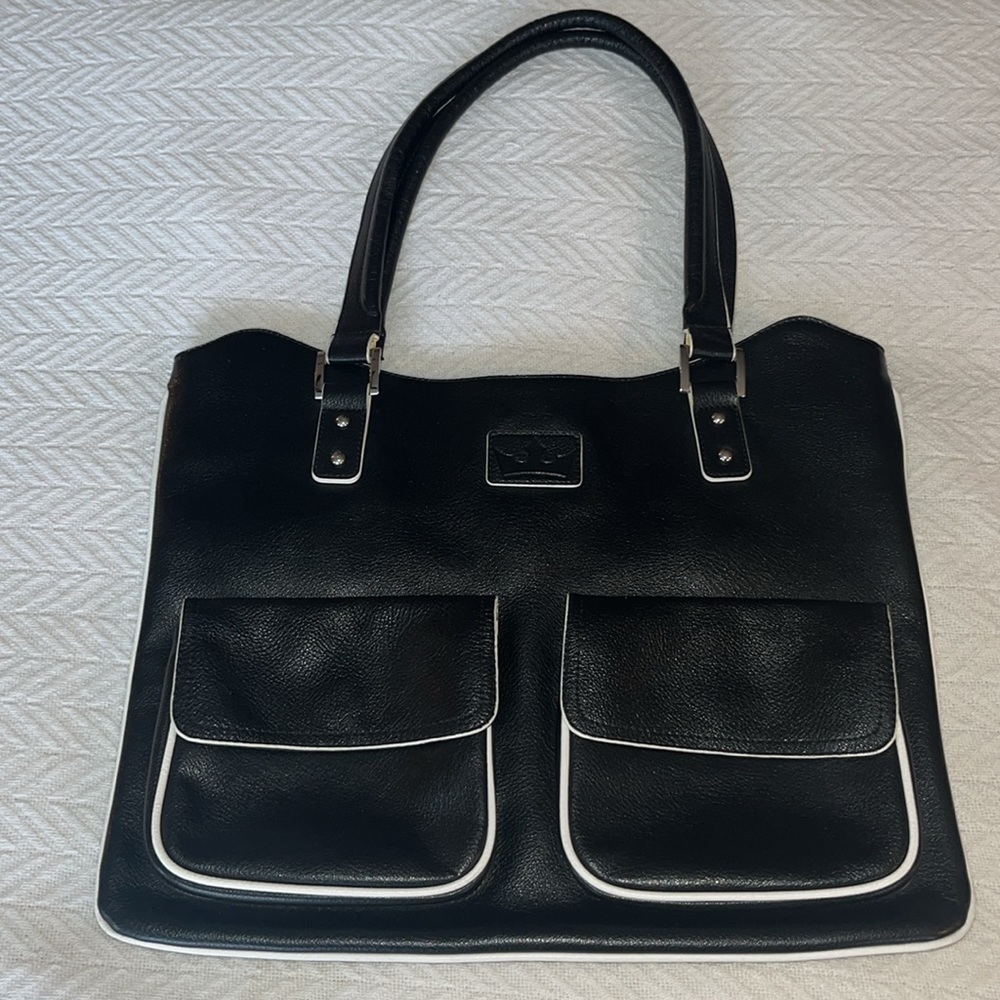 Baekgaard Leather Black with White Trim Shoulder Bag